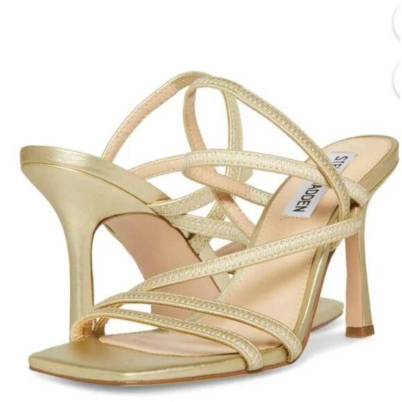 Steve Madden Newsflash Gold Leather Thin Strap Stiletto Open Toe Dress Sandals S - Picture 4 of 8